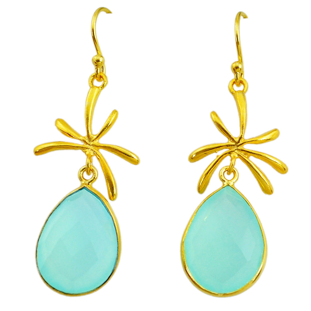 17.29cts natural aqua chalcedony 14k gold handmade dangle earrings t11465