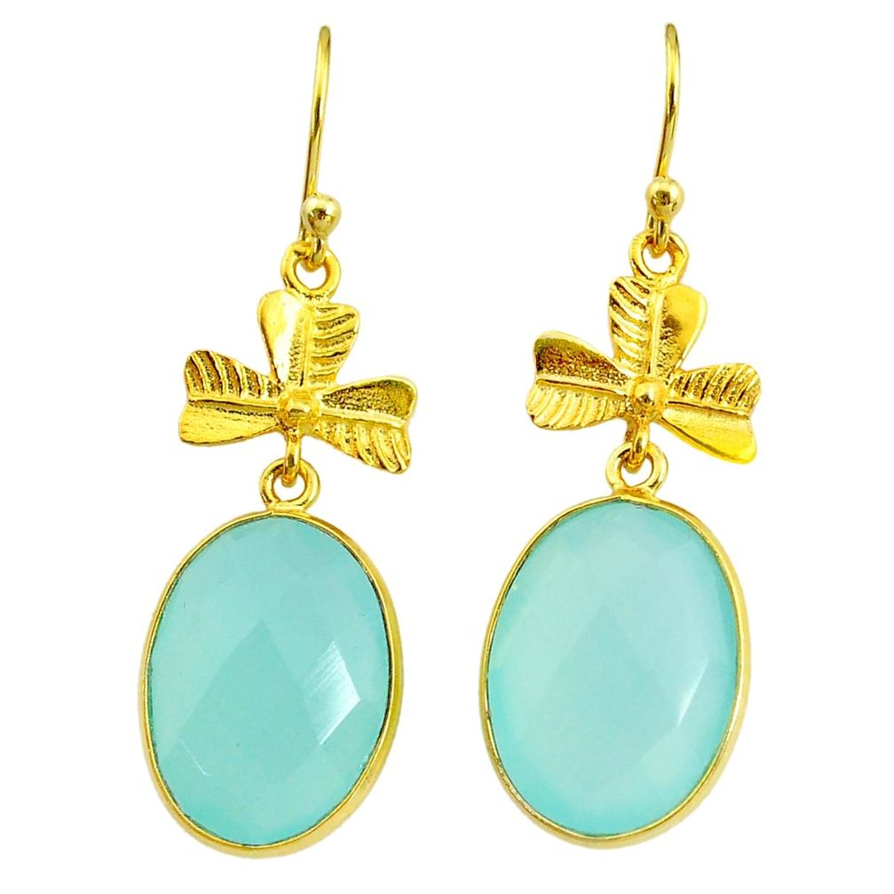 17.90cts natural aqua chalcedony 14k gold handmade dangle earrings t11505