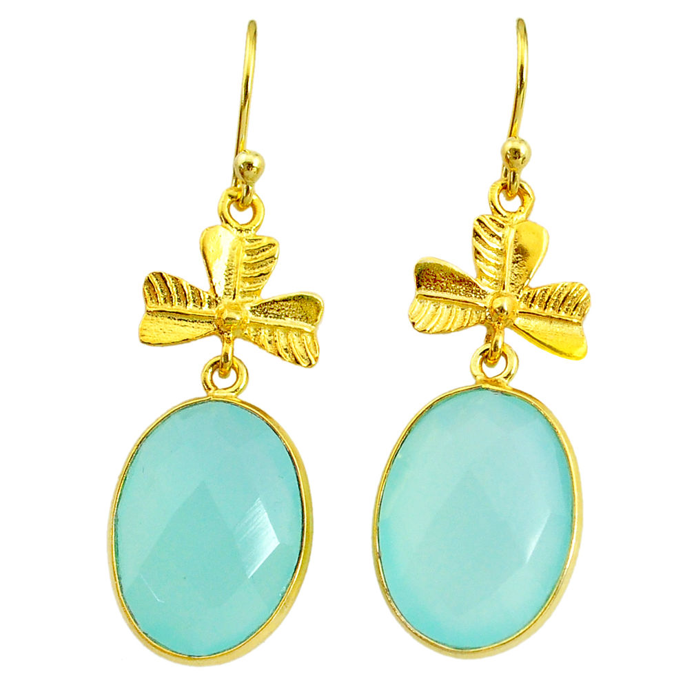 16.74cts natural aqua chalcedony 14k gold handmade dangle earrings t11507