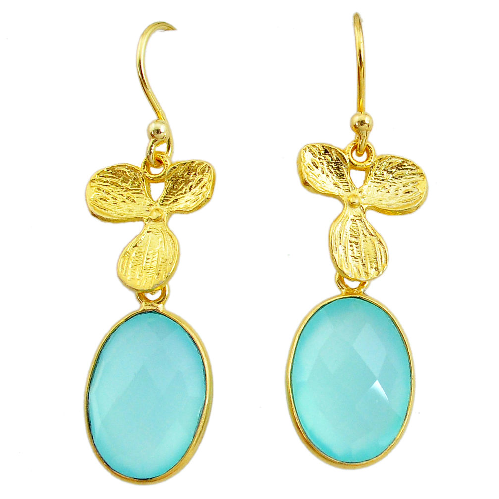 11.23cts natural aqua chalcedony 14k gold handmade dangle earrings t11697
