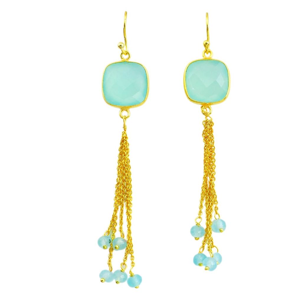 14.65cts natural aqua chalcedony handmade14k gold dangle earrings t16449