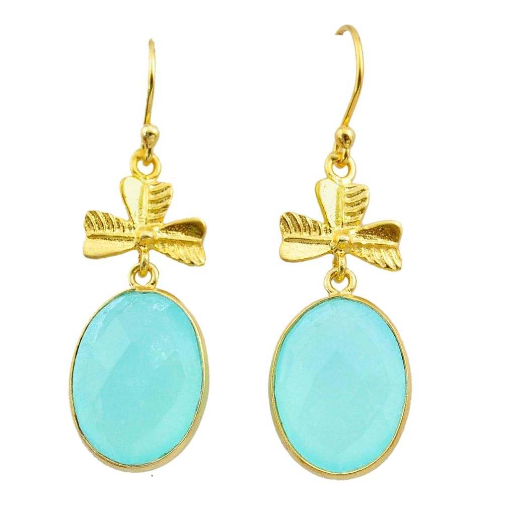 15.93cts natural aqua chalcedony 925 silver 14k gold dangle earrings t44134