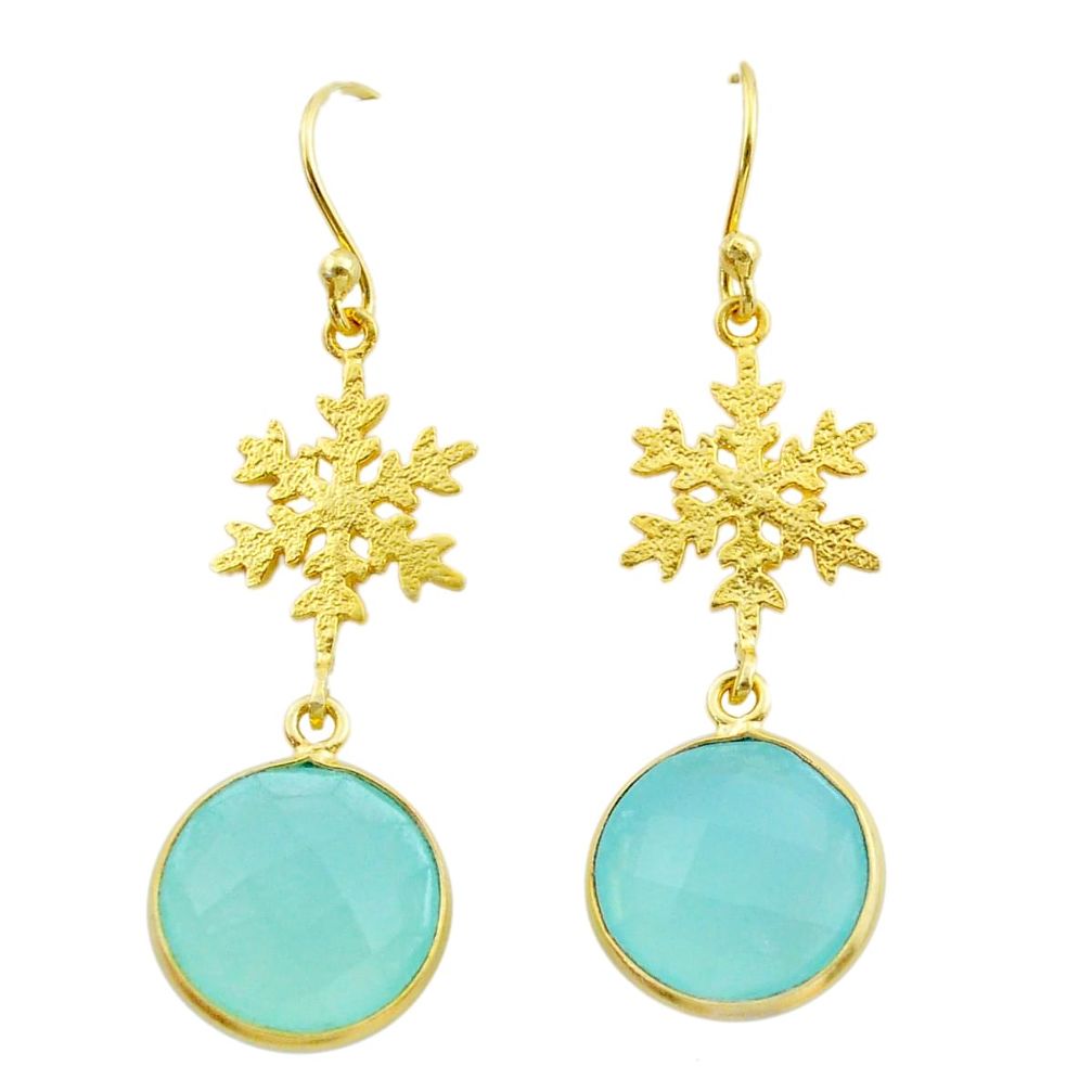 11.73cts natural aqua chalcedony 925 silver 14k gold snowflake earrings t44176