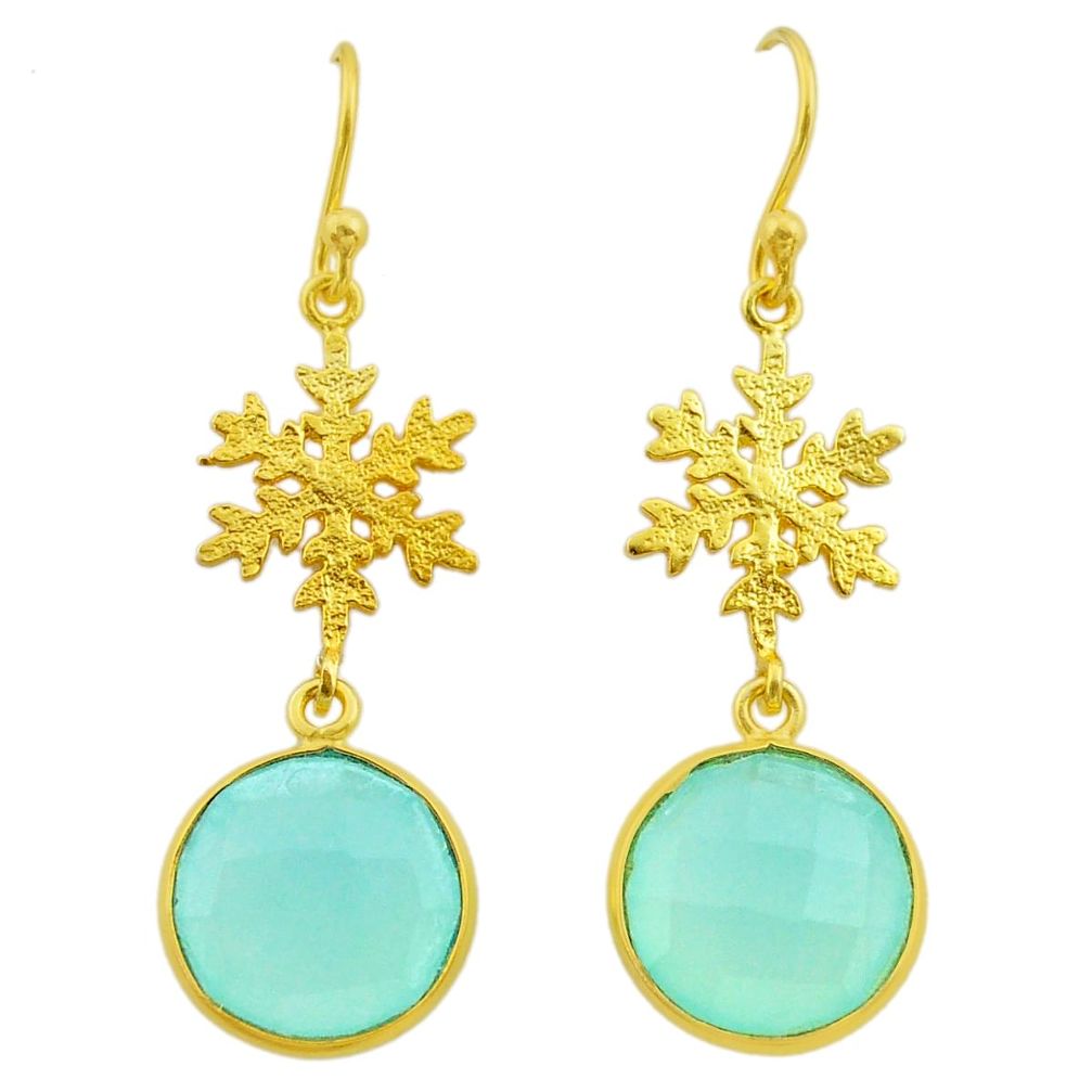 12.22cts natural aqua chalcedony 925 silver 14k gold snowflake earrings t44190