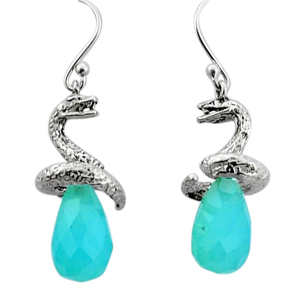 12.33cts natural aqua chalcedony 925 silver anaconda snake earrings u96844