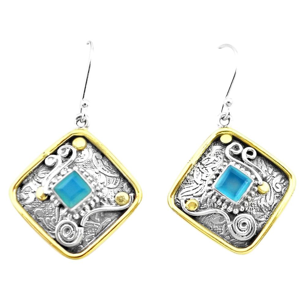 aqua chalcedony 925 silver two tone dangle earrings p21730