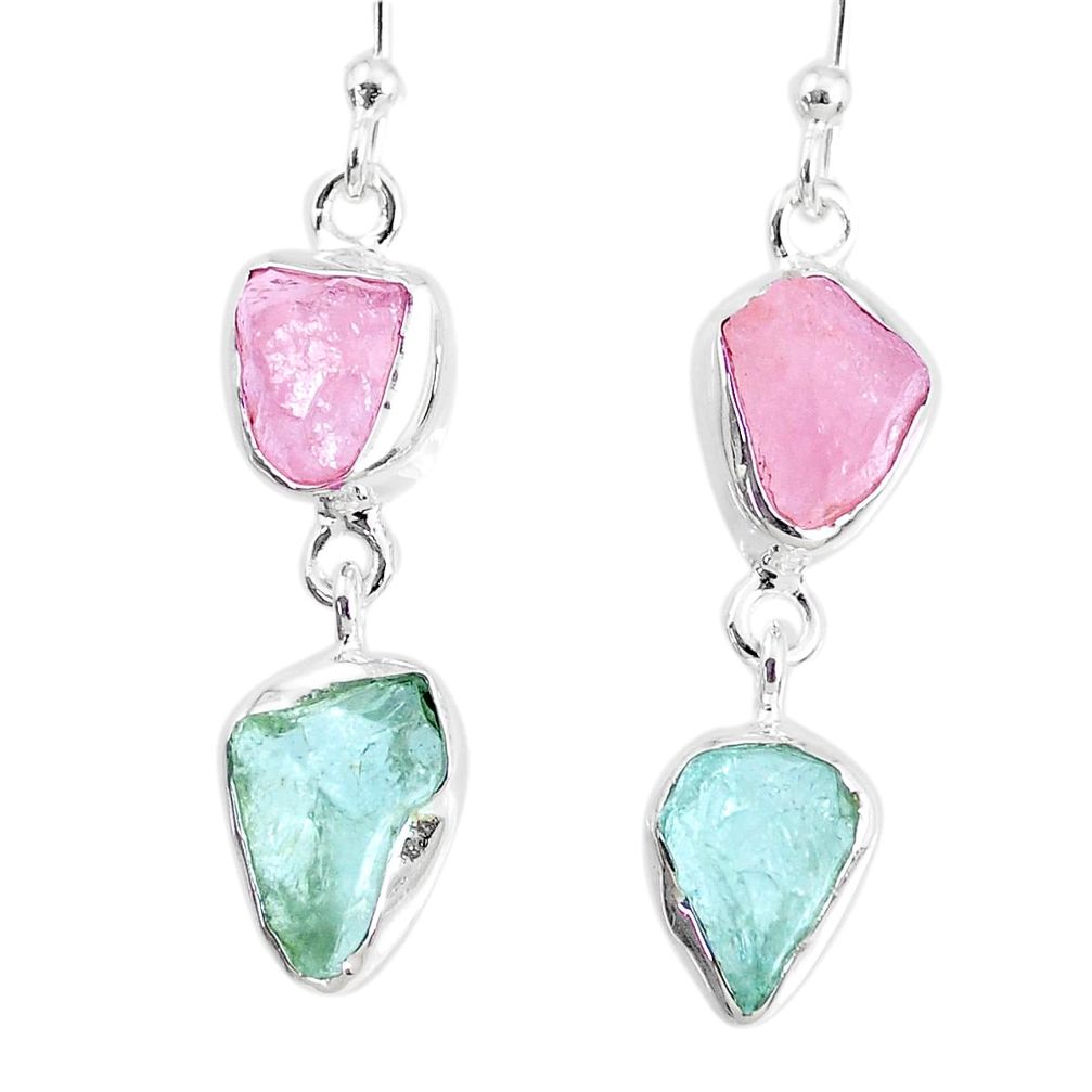 8.87cts natural aquamarine rose quartz raw dangle handmade earrings r74246