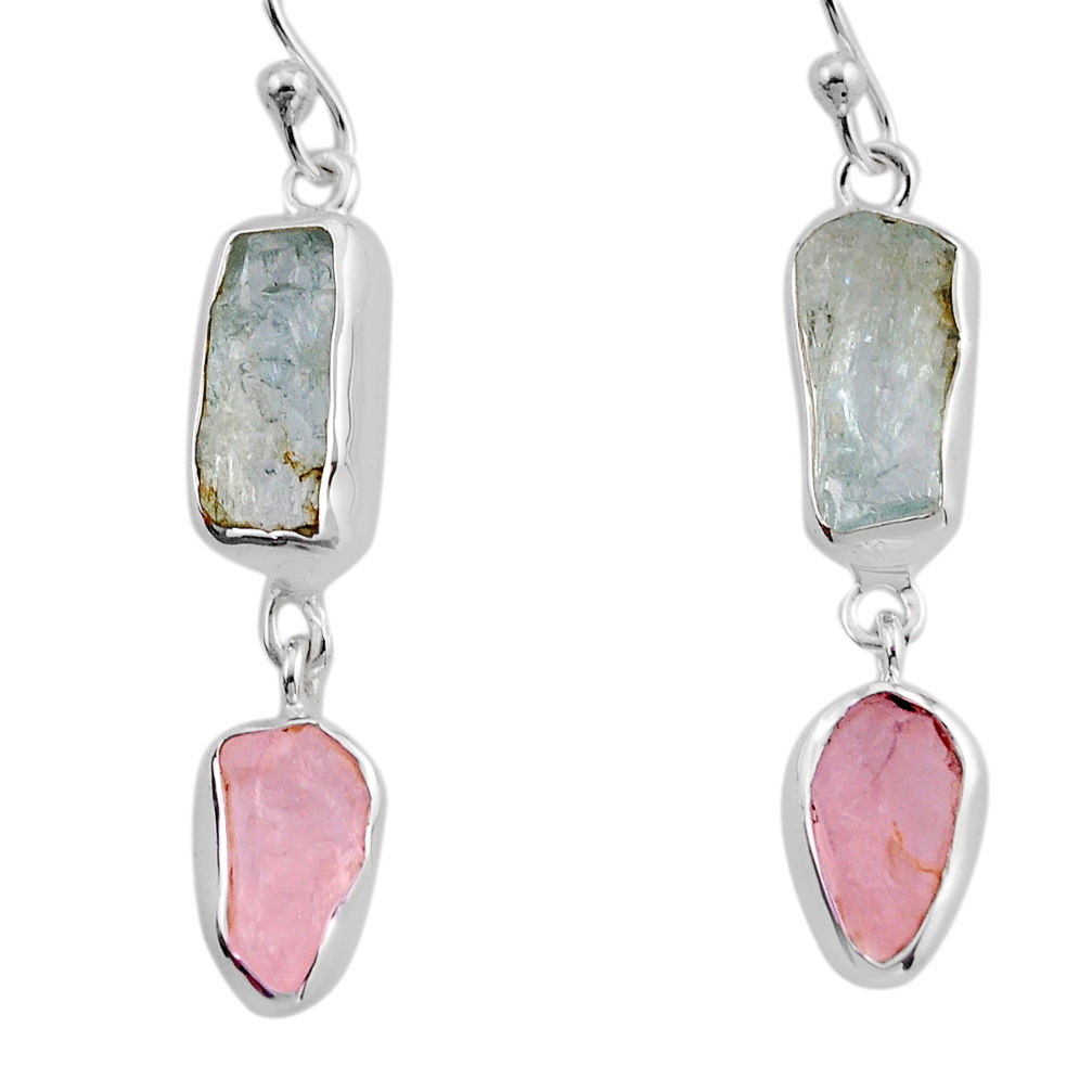 10.82cts natural aquamarine rose quartz rough 925 silver dangle earrings y94746