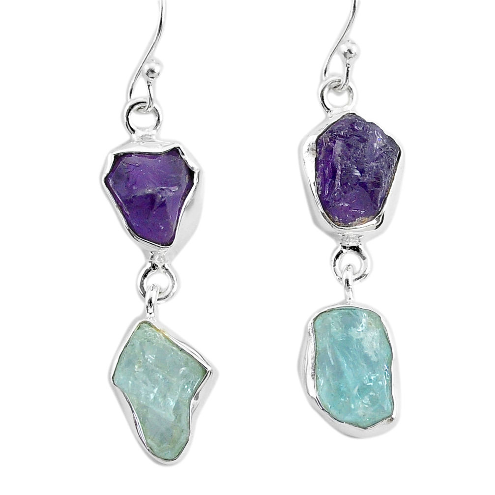 12.10cts natural aquamarine raw amethyst rough silver dangle earrings r93798