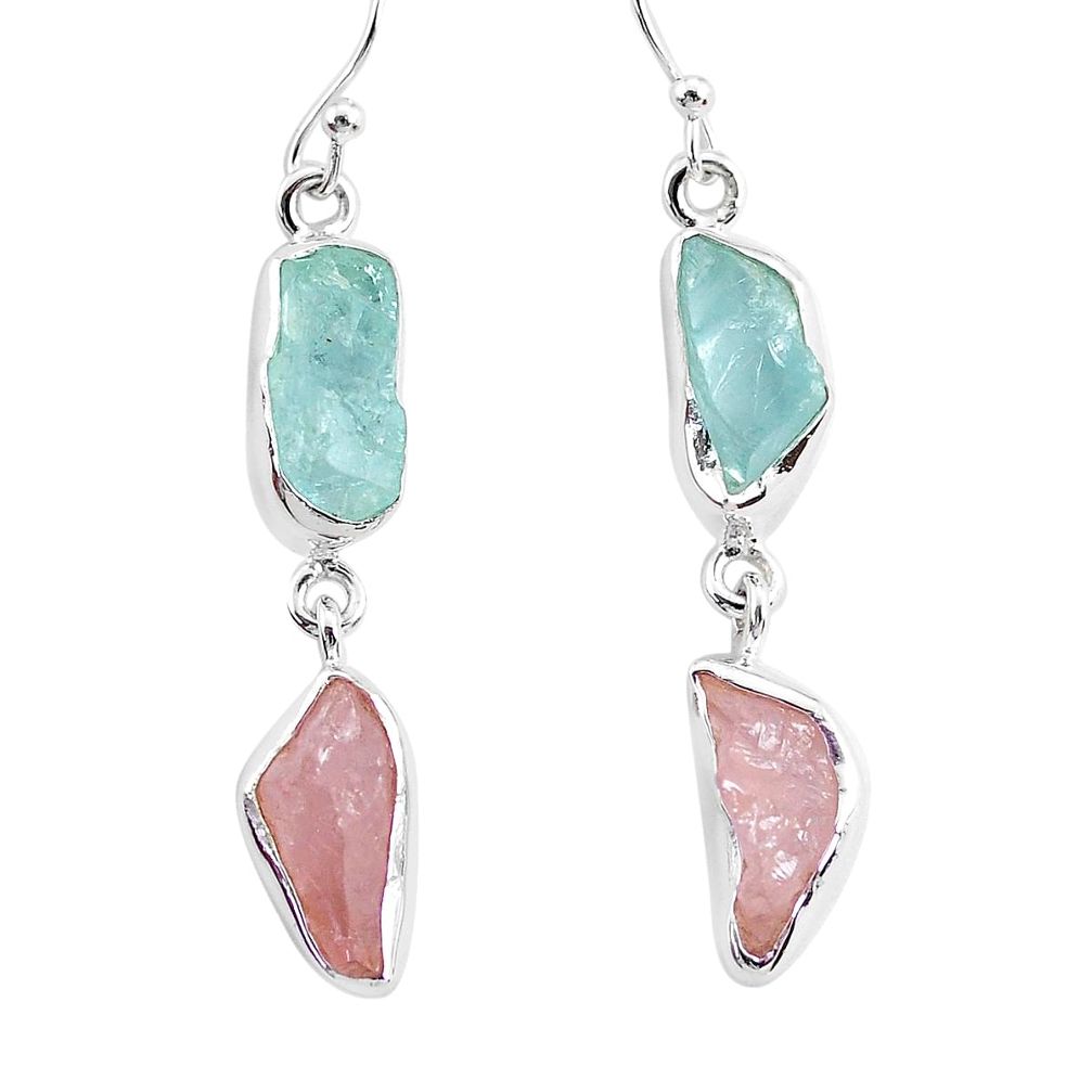 13.09cts natural aquamarine raw rose quartz rough 925 silver earrings r93721