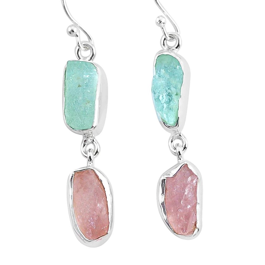 13.09cts natural aquamarine raw rose quartz rough 925 silver earrings r93722