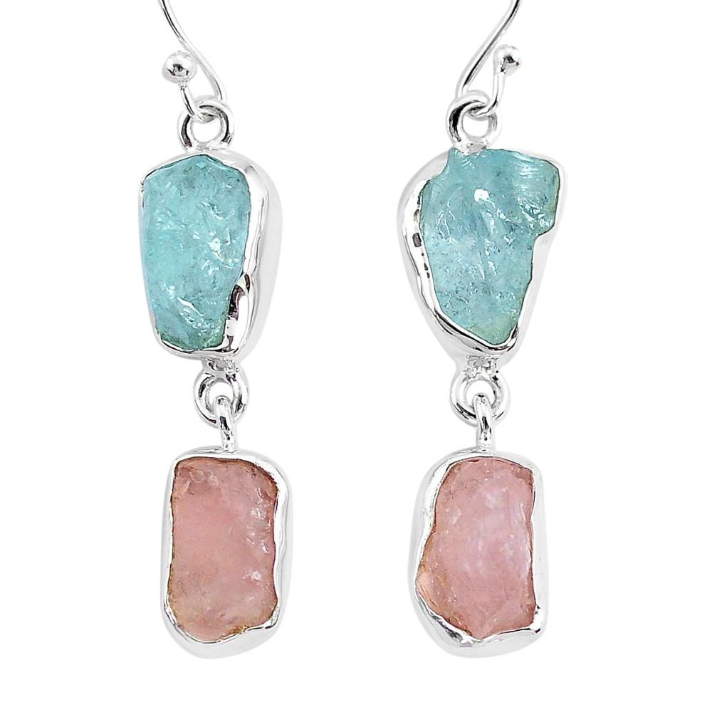 14.40cts natural aquamarine raw rose quartz rough 925 silver earrings r93726