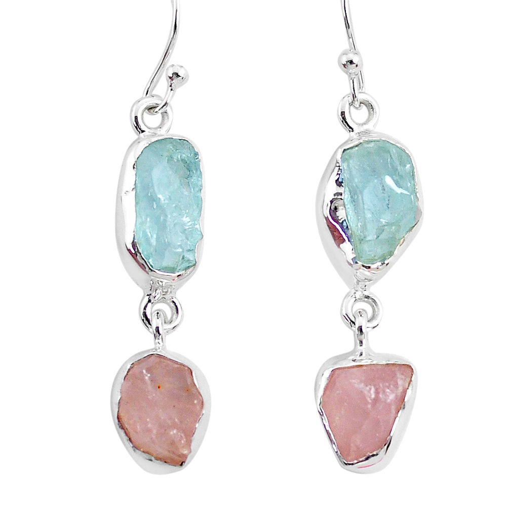 12.58cts natural aquamarine raw rose quartz rough 925 silver earrings r93727