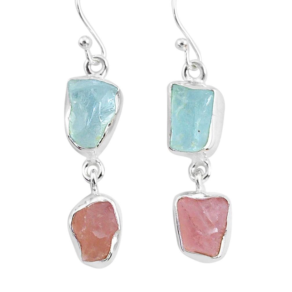 12.58cts natural aquamarine raw rose quartz rough 925 silver earrings r93728