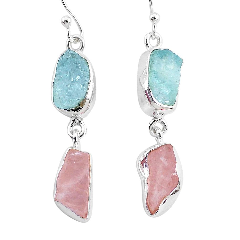 13.04cts natural aquamarine raw rose quartz rough 925 silver earrings r93729