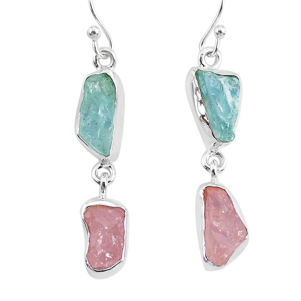 13.09cts natural aquamarine raw rose quartz rough 925 silver earrings r93730