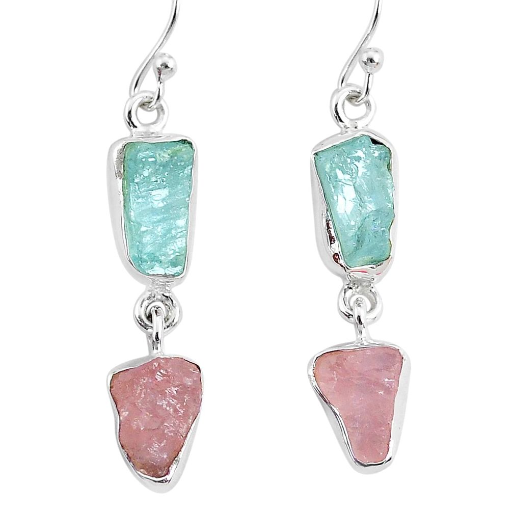 11.57cts natural aquamarine raw rose quartz rough silver earrings r93725