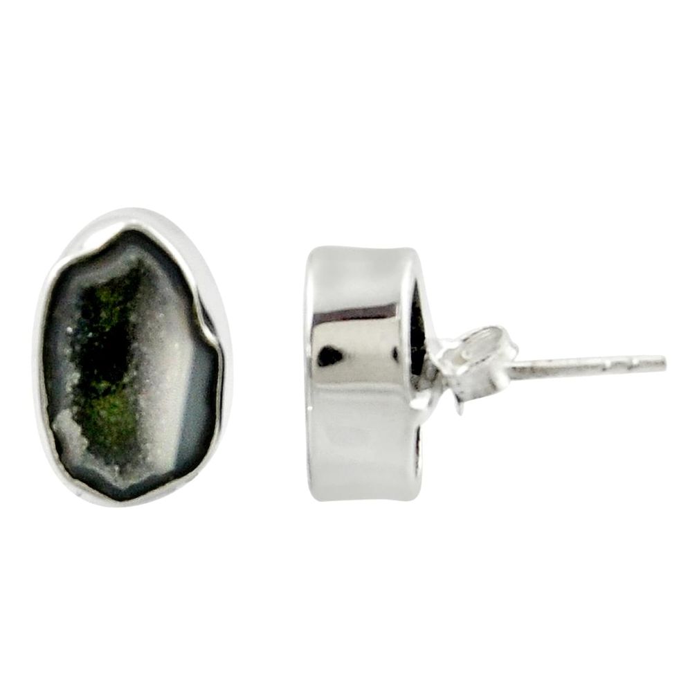 8.07cts natural black geode druzy 925 sterling silver stud earrings r39774