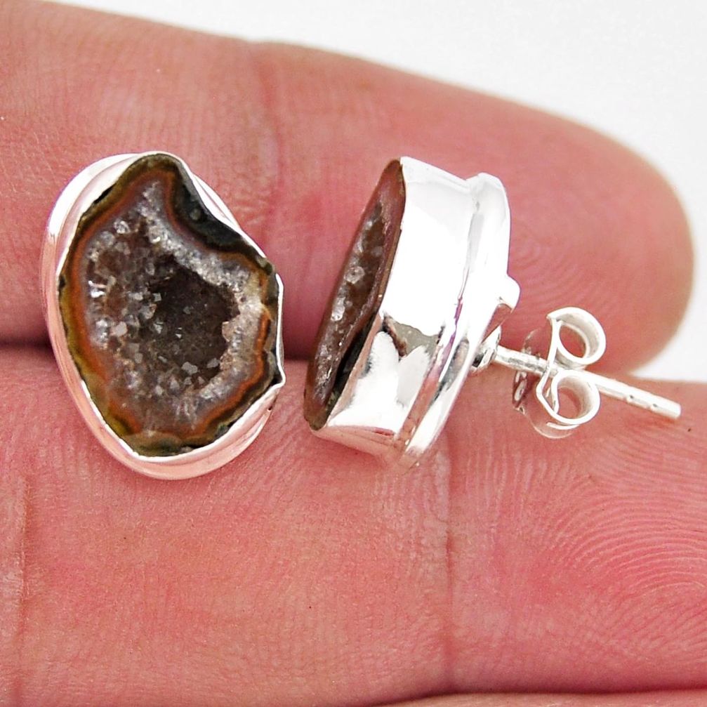 10.68cts natural black geode druzy 925 sterling silver stud earrings y51526