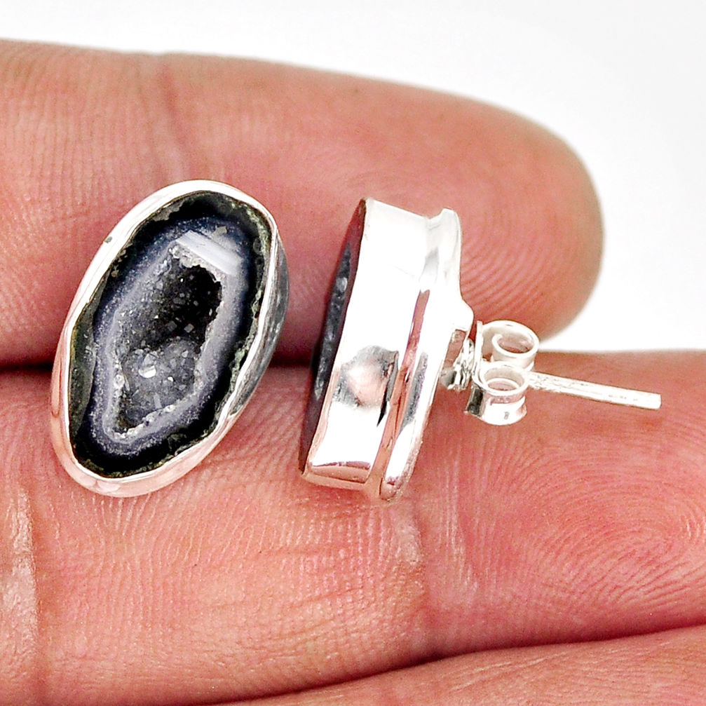 11.89cts natural black geode druzy 925 sterling silver stud earrings y74613
