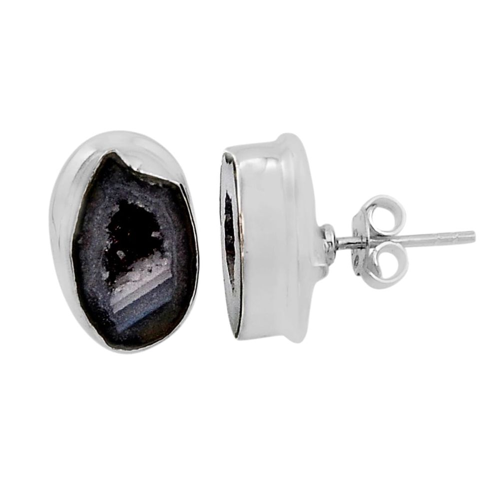 9.13cts natural black geode druzy fancy 925 sterling silver stud earrings y92117