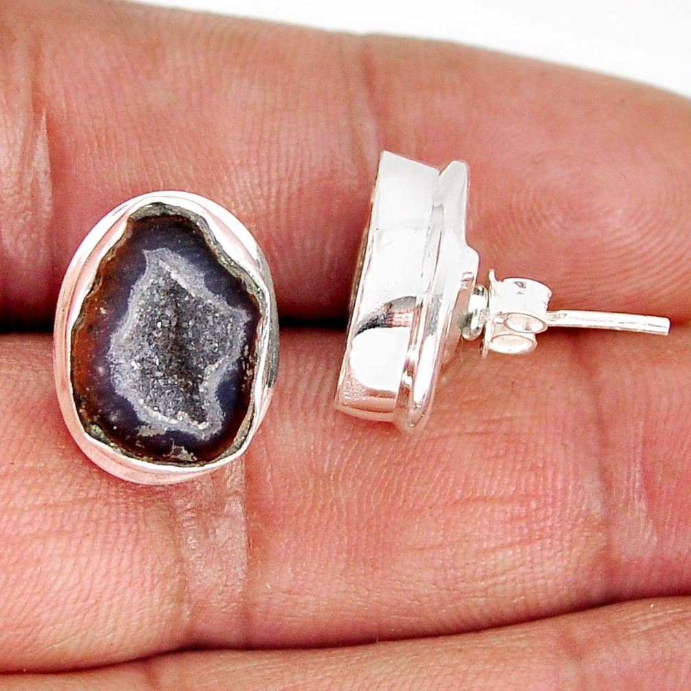 11.15cts natural black geode druzy fancy sterling silver stud earrings y74620