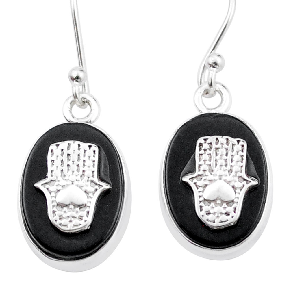 12.81cts natural black onyx 925 silver hand of god hamsa coin enamel earrings jewelry u34732