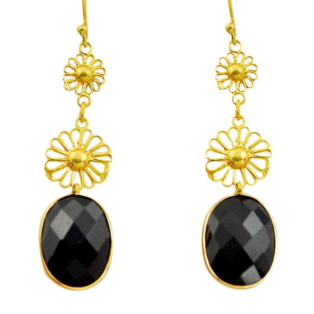12.59cts natural black onyx 925 sterling silver 14k gold dangle earrings r32512