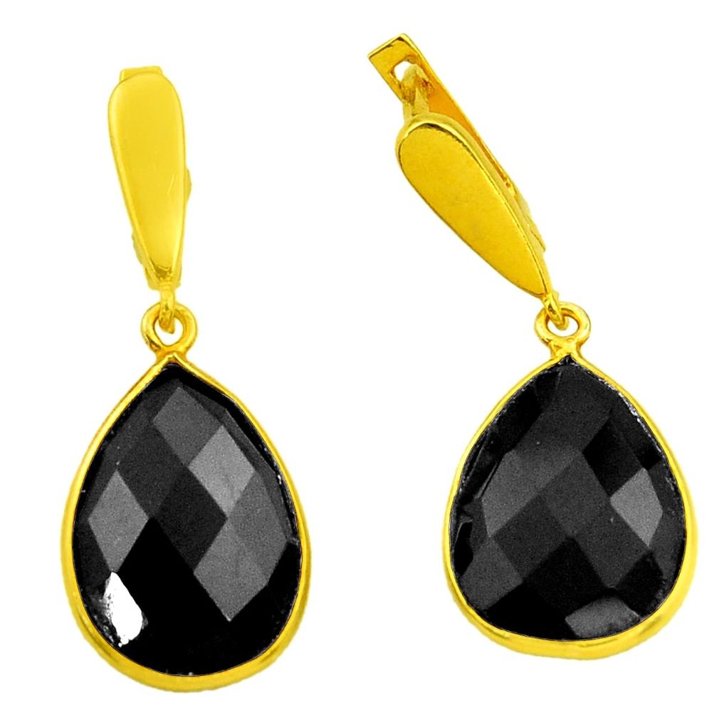 19.98cts natural black onyx 925 sterling silver 14k gold dangle earrings r32525