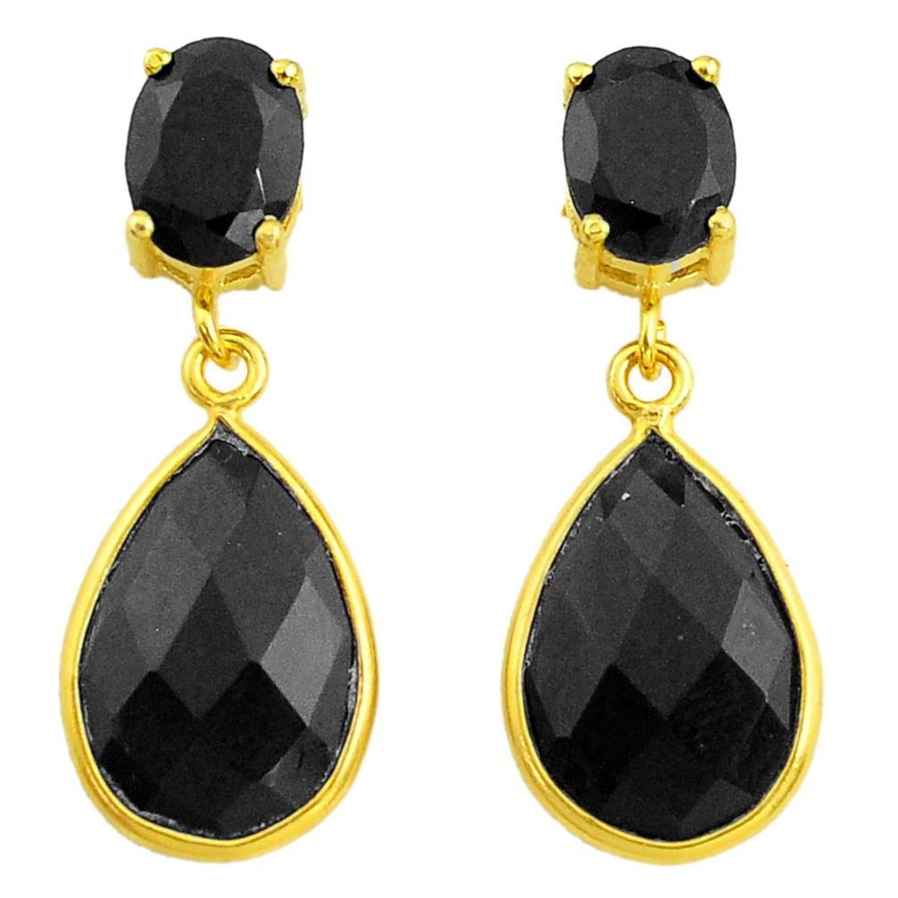 12.54cts natural black onyx 925 silver 14k gold handmade dangle earrings t44236