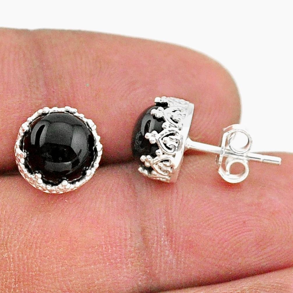 6.68cts natural black onyx 925 sterling silver crown stud earrings t43710