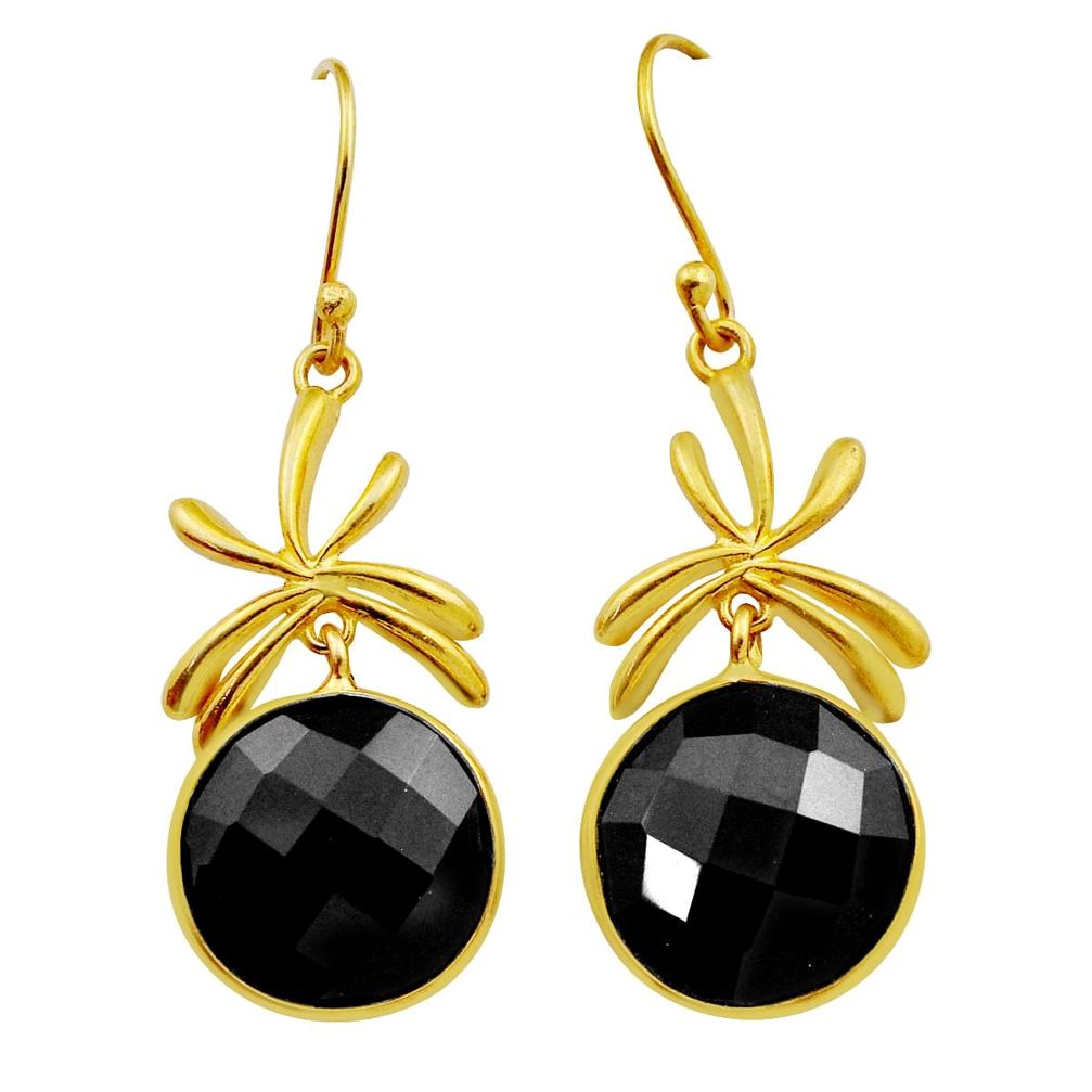 19.07cts natural black onyx 925 sterling silver gold dangle earrings n12178