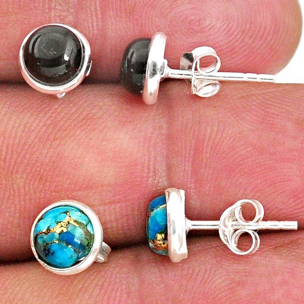 4.67cts natural black onyx copper turquoise 925 silver stud earrings r65521