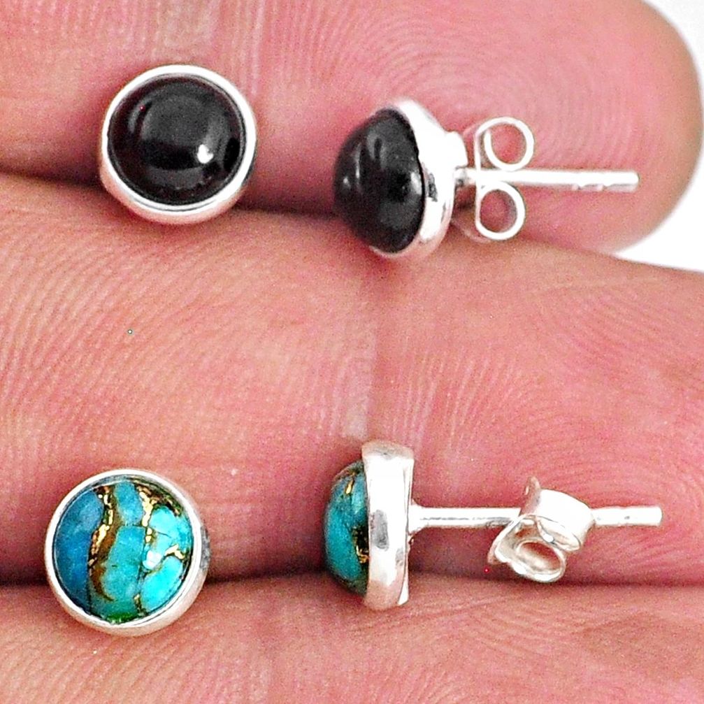 4.97cts natural black onyx copper turquoise 925 silver stud earrings r65523