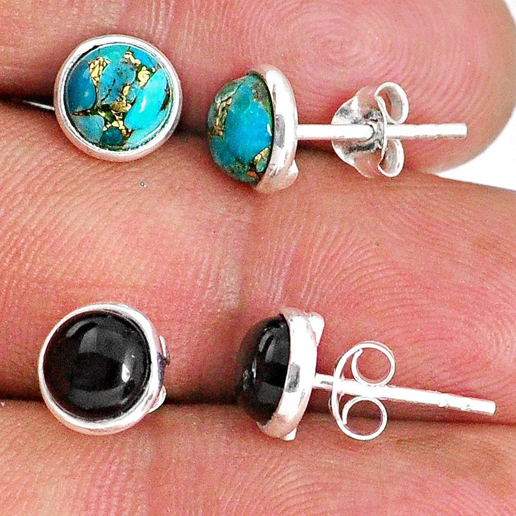 4.88cts natural black onyx copper turquoise 925 silver stud earrings r65531