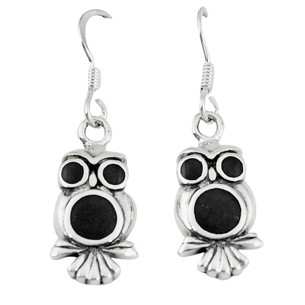 4.68gms natural black onyx enamel 925 sterling silver owl earrings a46356 c14355