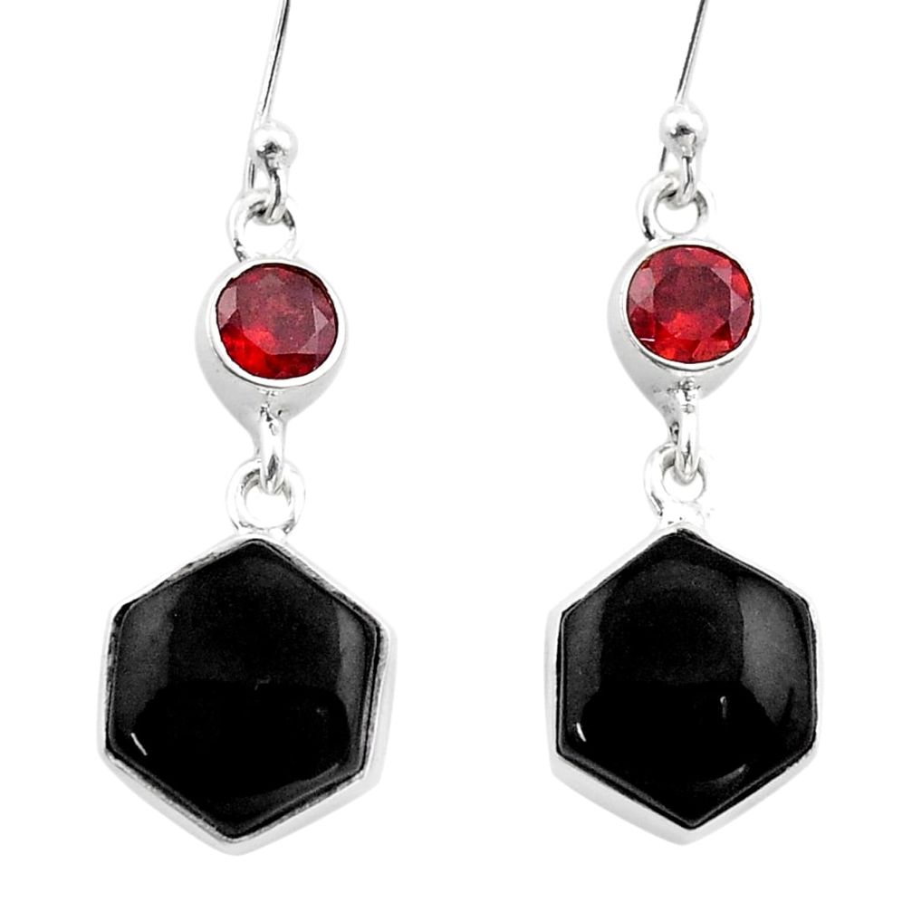 12.52cts natural black onyx hexagon garnet 925 silver dangle earrings t47982