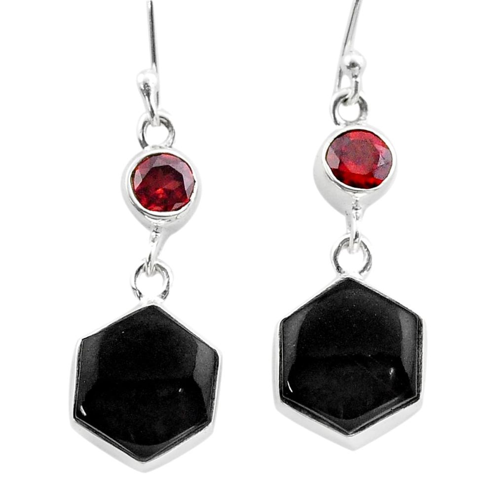 12.47cts natural black onyx hexagon garnet 925 silver dangle earrings t47985