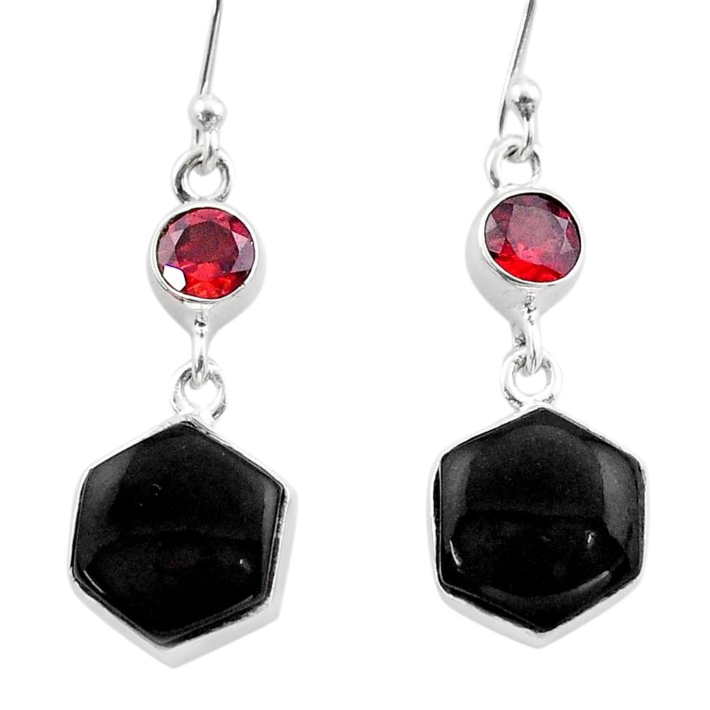 12.85cts natural black onyx hexagon garnet 925 silver dangle earrings t47988