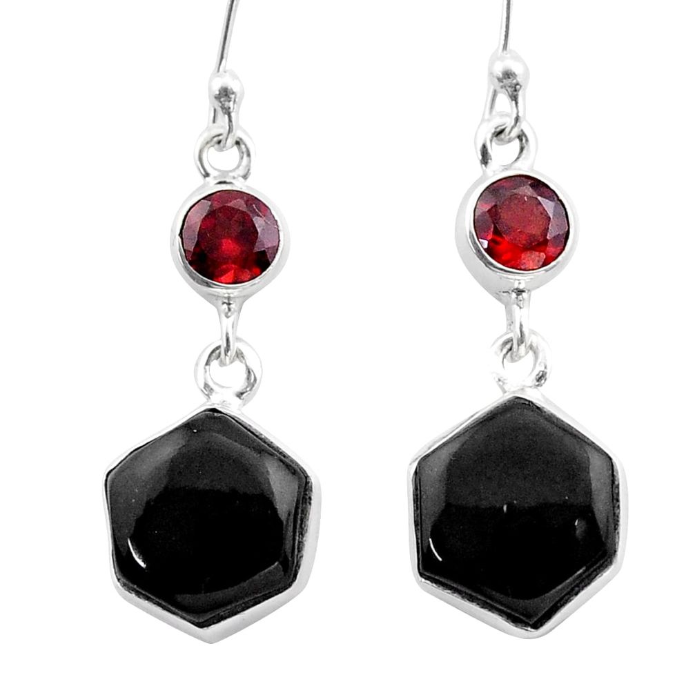 12.30cts natural black onyx hexagon garnet 925 silver dangle earrings t47998