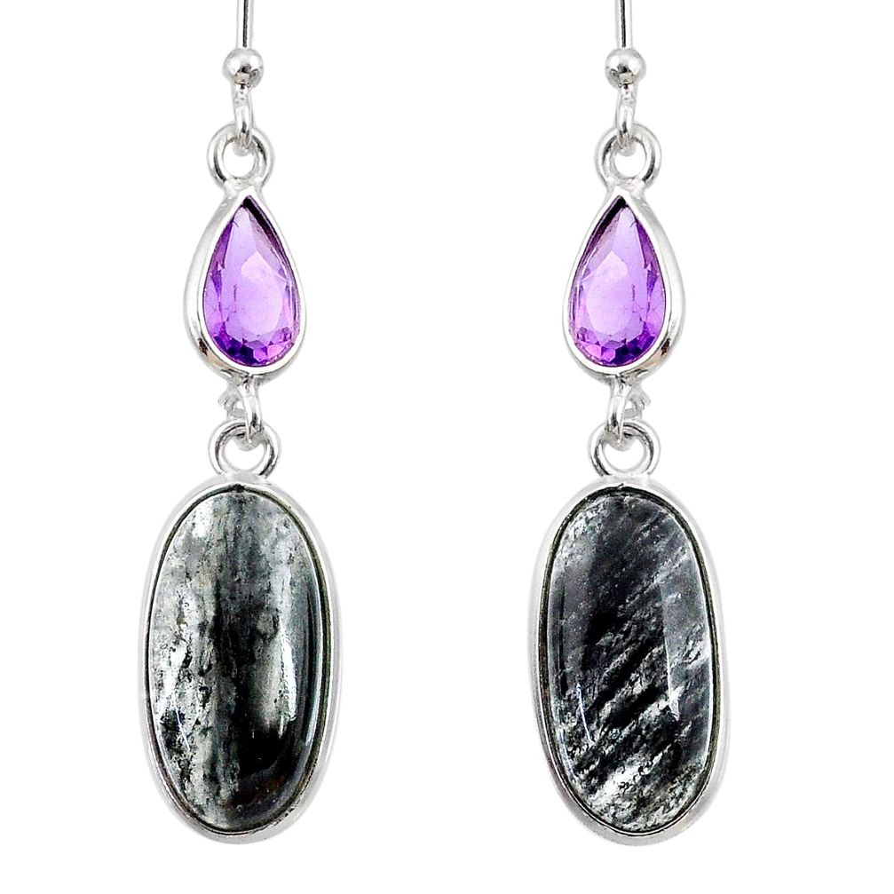 11.26cts natural black rutile purple amethyst 925 silver dangle earrings r68302