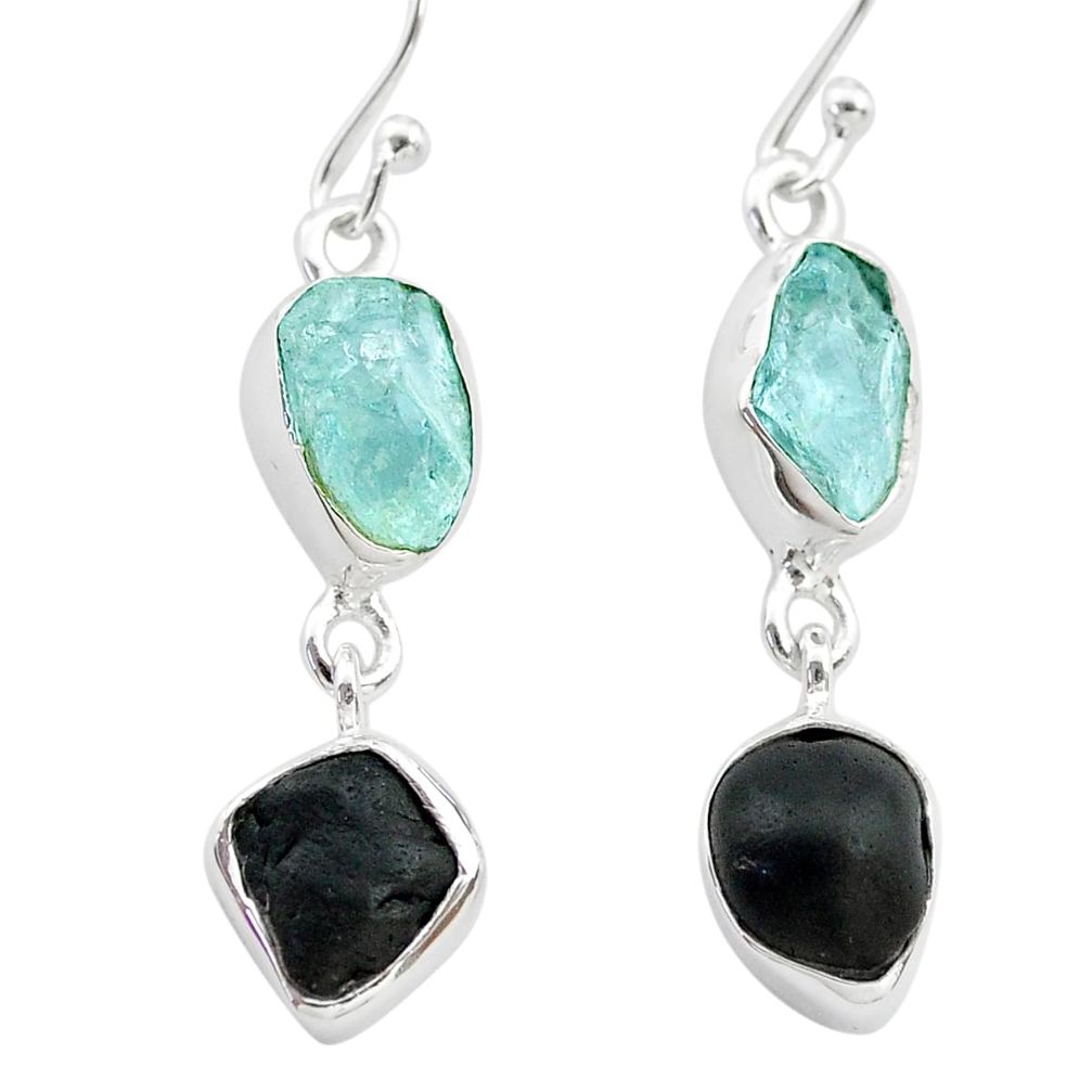 9.35cts natural black tourmaline aquamarine raw 925 silver earrings t21181