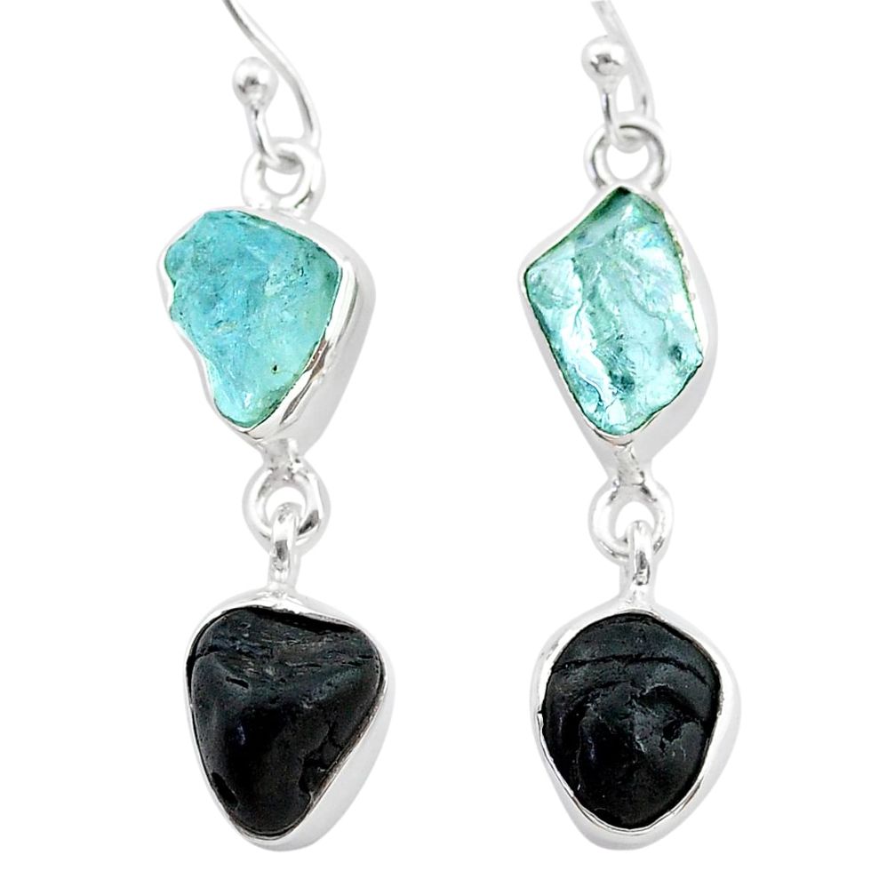 10.71cts natural black tourmaline aquamarine raw 925 silver earrings t21182