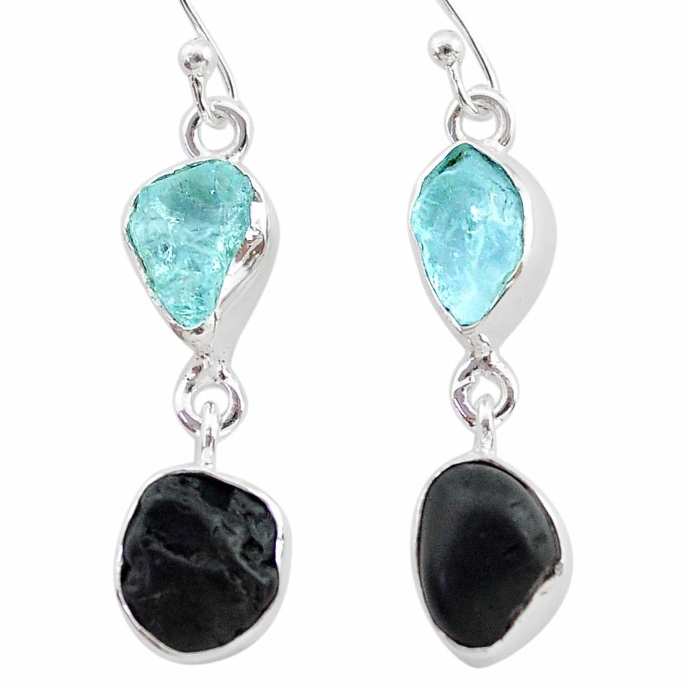 9.83cts natural black tourmaline aquamarine raw 925 silver earrings t21183