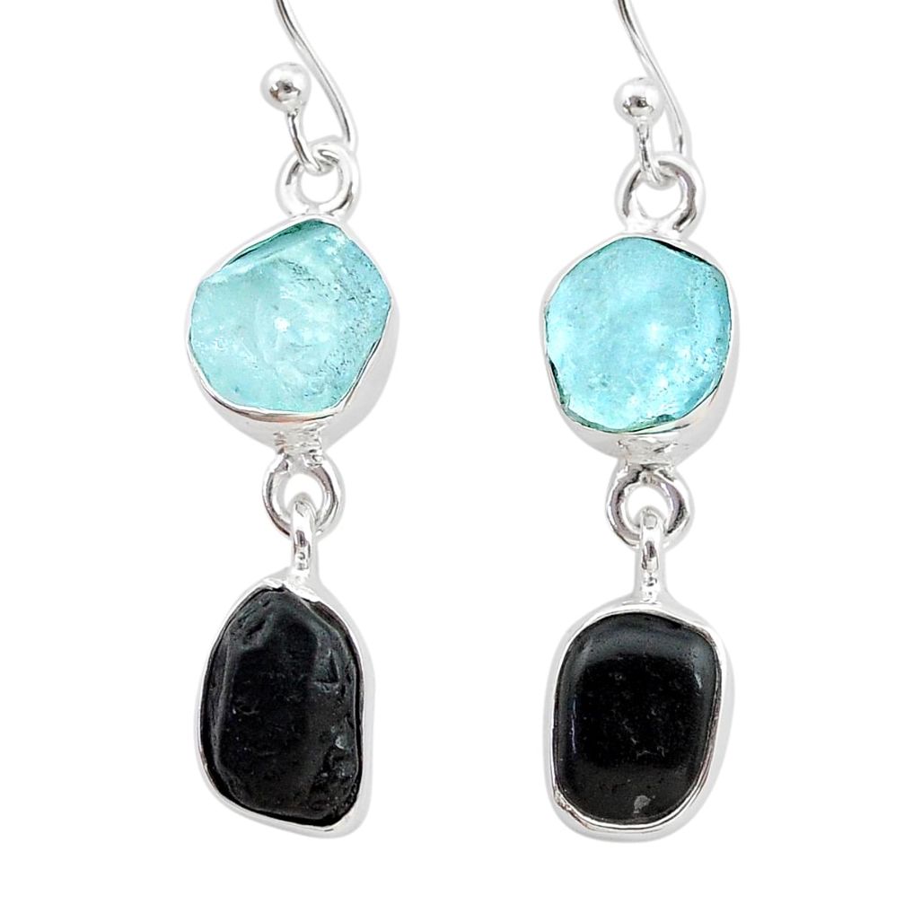 9.75cts natural black tourmaline aquamarine raw 925 silver earrings t21186