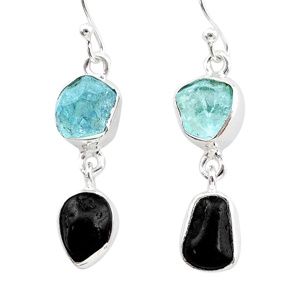 10.76cts natural black tourmaline aquamarine raw 925 silver earrings t21189