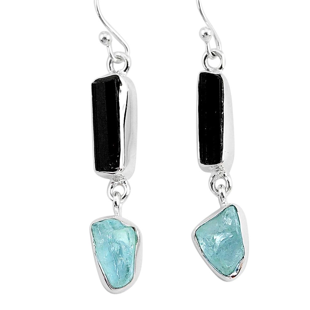 11.57cts natural black tourmaline raw 925 silver dangle earrings r93692