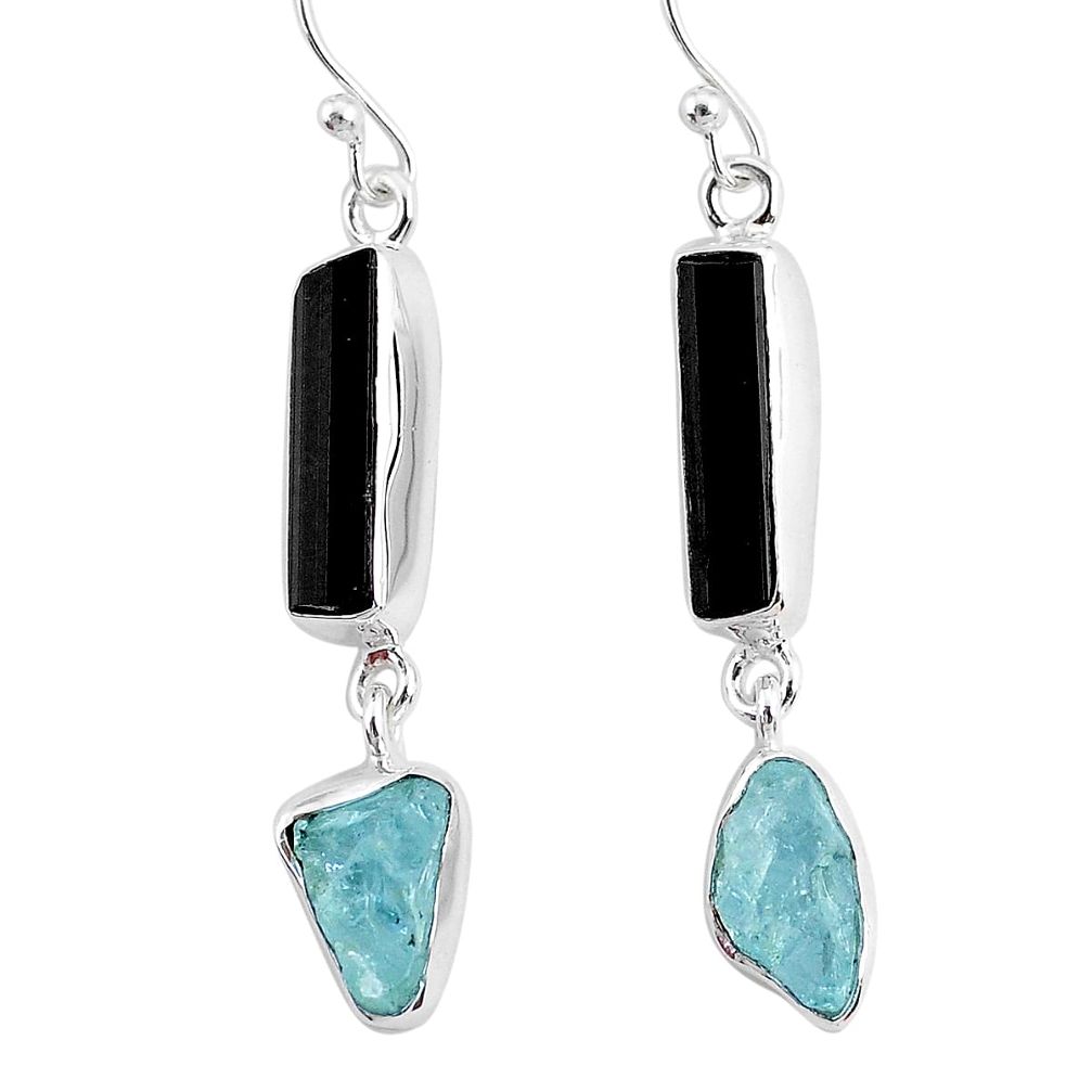 12.58cts natural black tourmaline raw 925 silver dangle earrings r93693