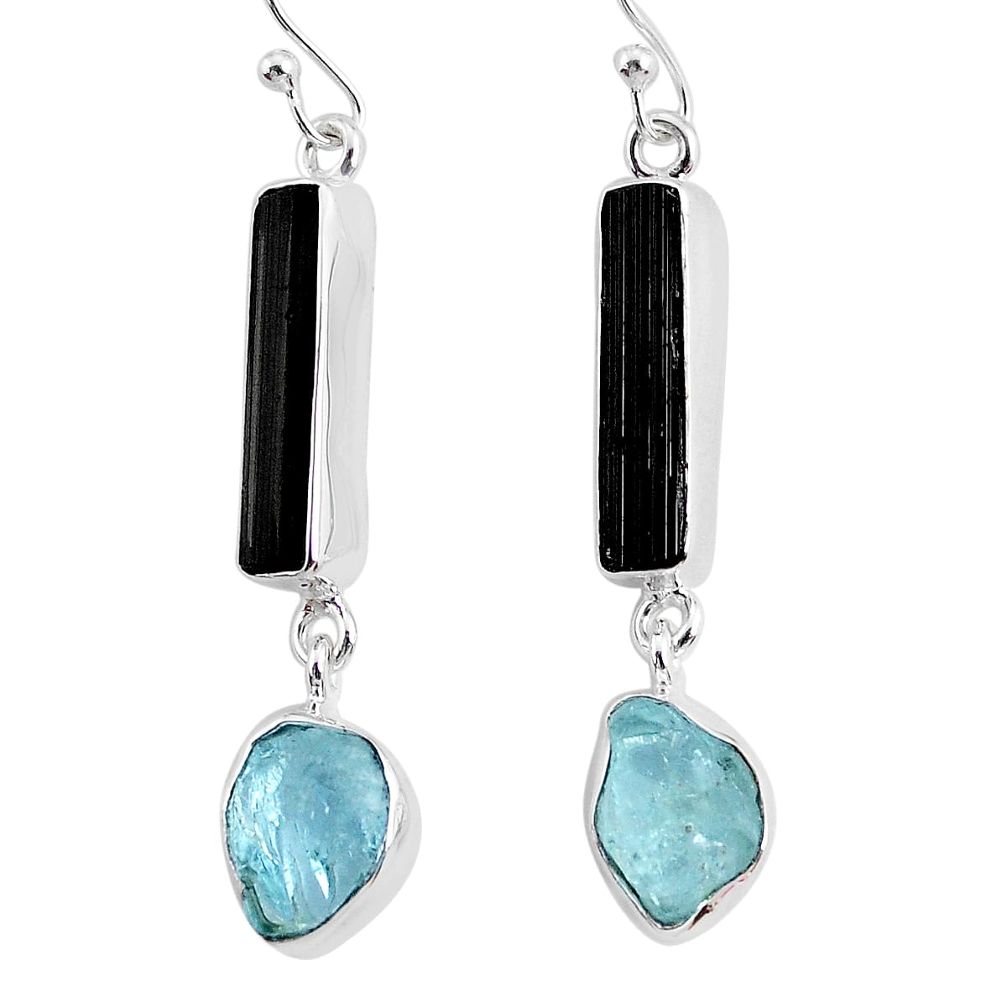 12.58cts natural black tourmaline raw 925 silver dangle earrings r93699