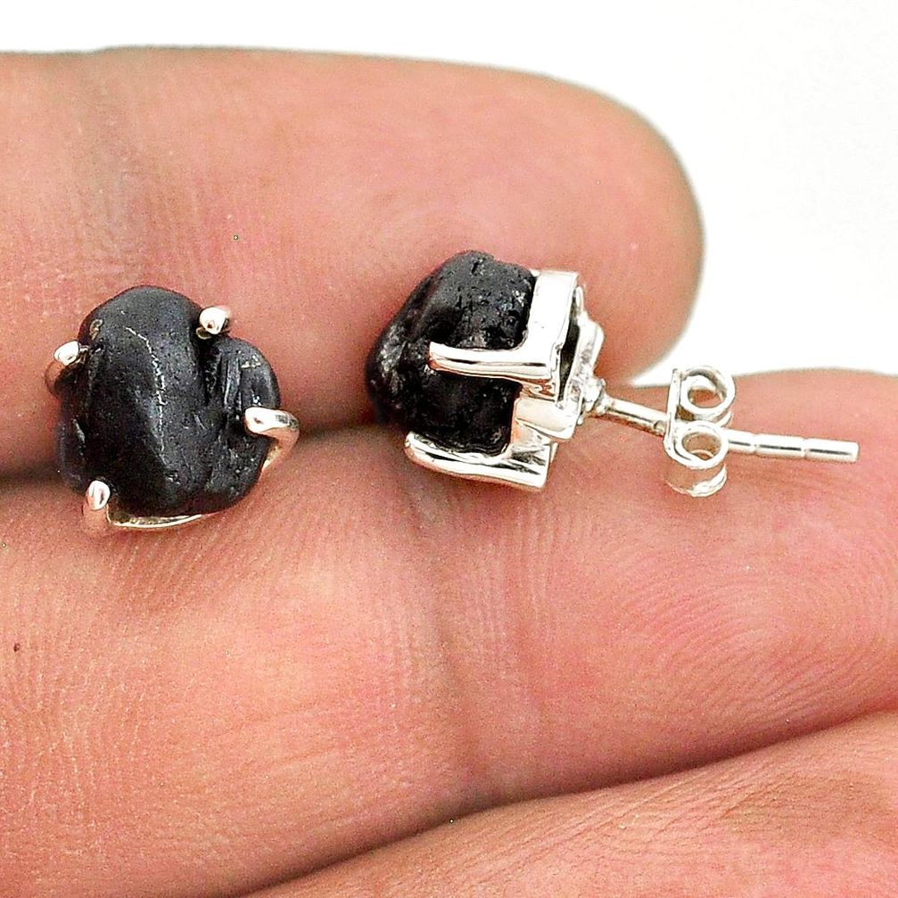 7.57cts natural black tourmaline raw 925 sterling silver stud earrings t21093